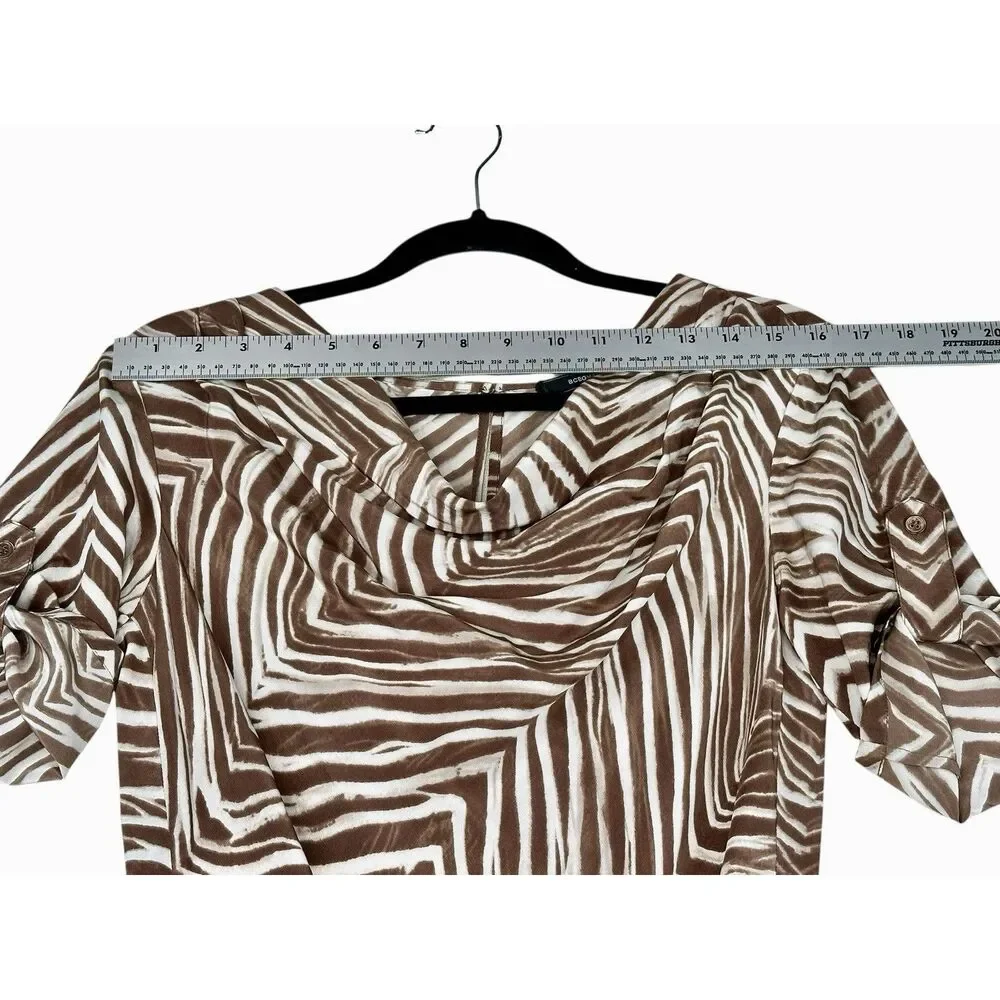 BCBGMAXAZRIA Silk Zebra Mini Dress XS Brown Ivory Belted Ruched Sleeve Pockets